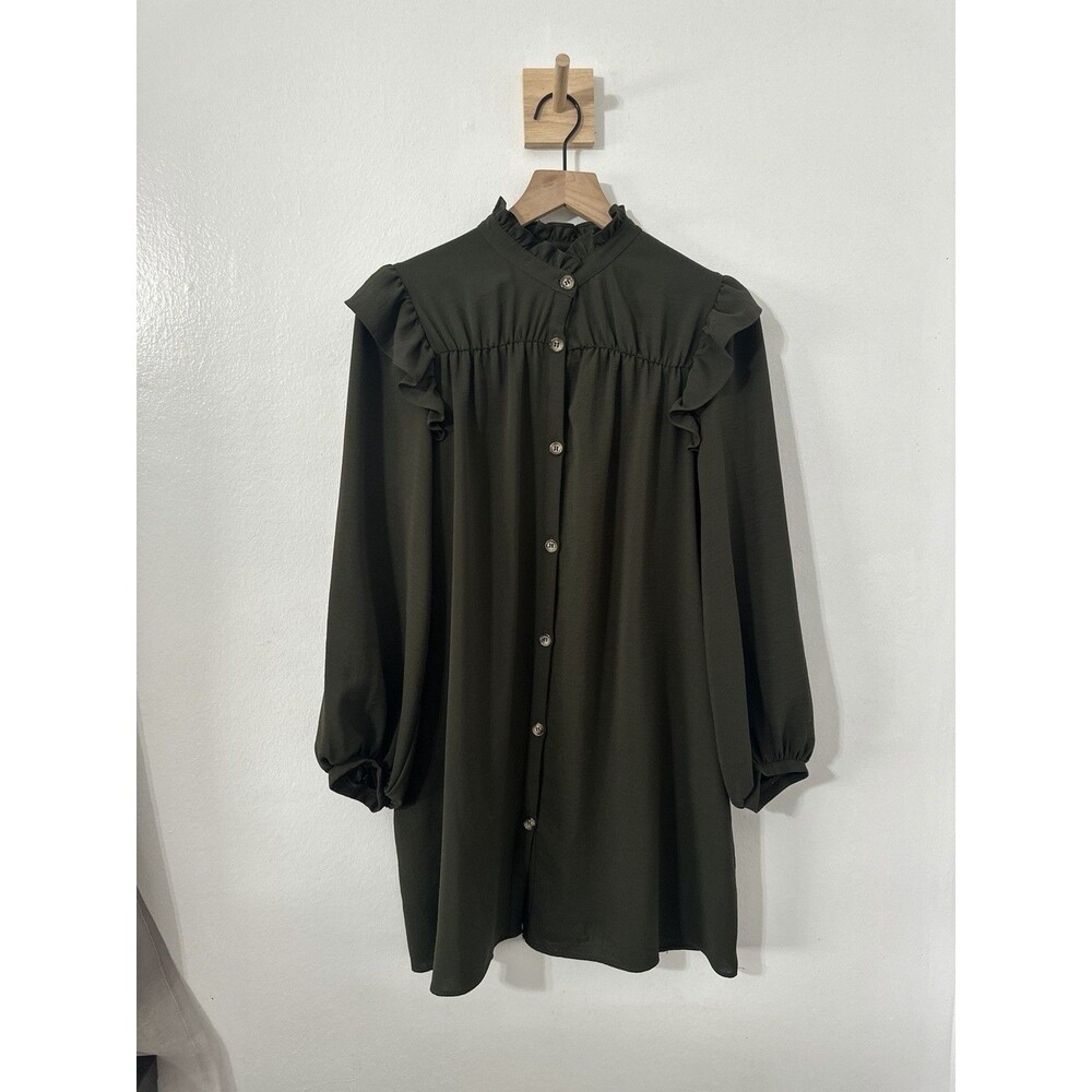 Zara Tunic Shirt Dress Women Size Med Green Button Up Pockets Ruffle Boho Chic